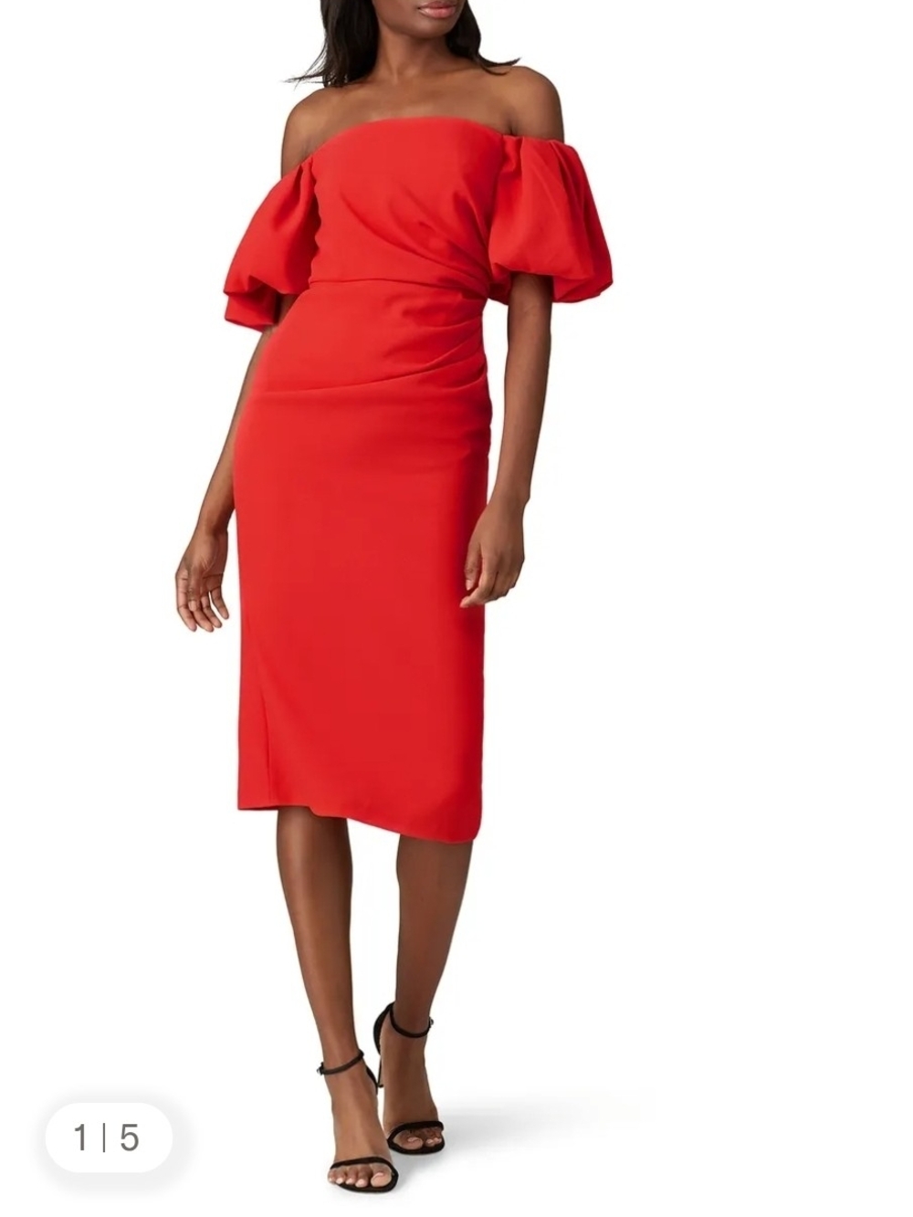 Shoshanna Red Off-Shoulder Puff-Sleeve Midi Dress